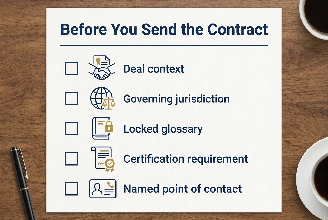 Checklist titled Before You Send the Contract: deal context, governing jurisdiction, locked glossary, certification requirement, named point of contact