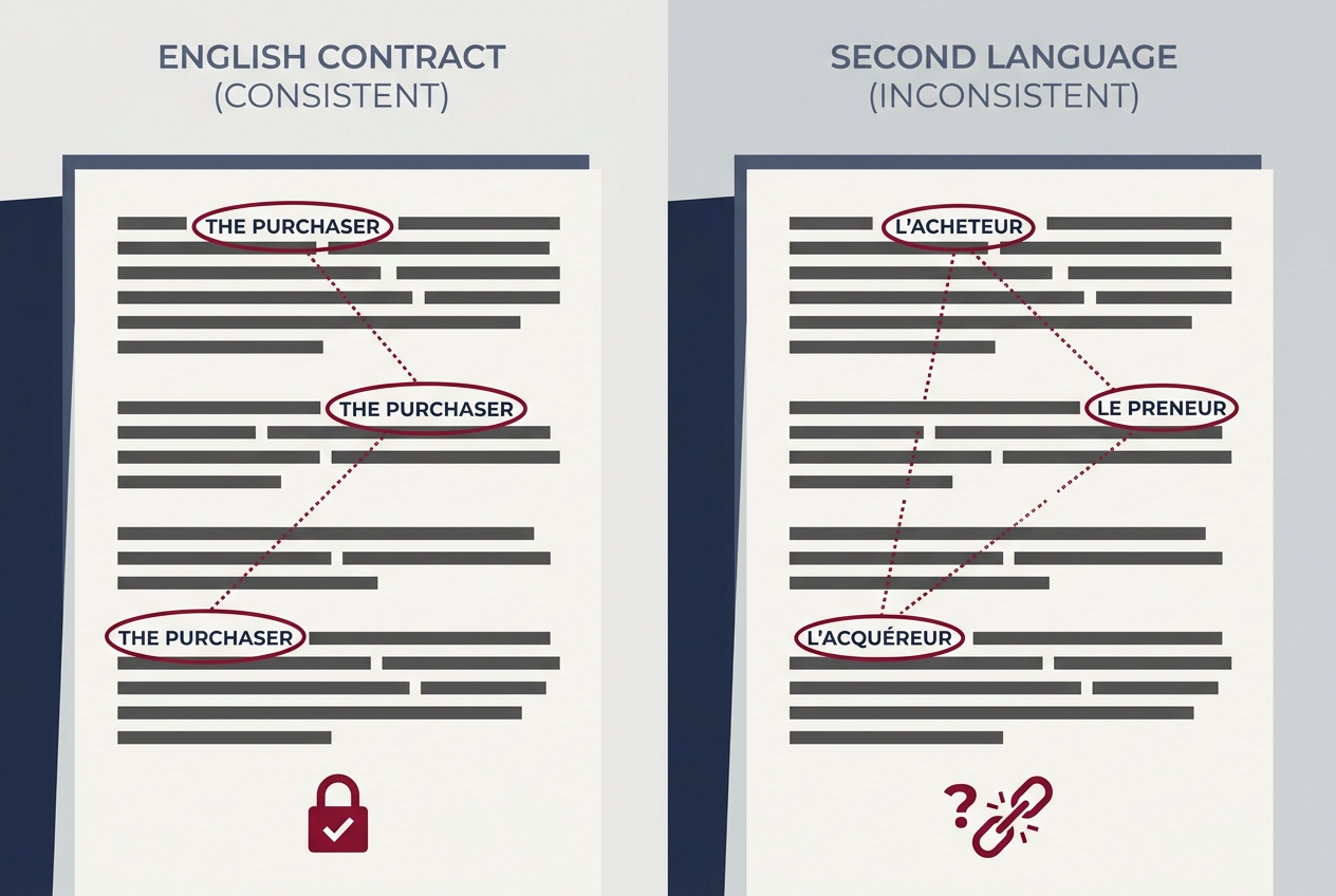 Side-by-side comparison of an English contract using one consistent defined term and a second-language version where the same term is translated inconsistently